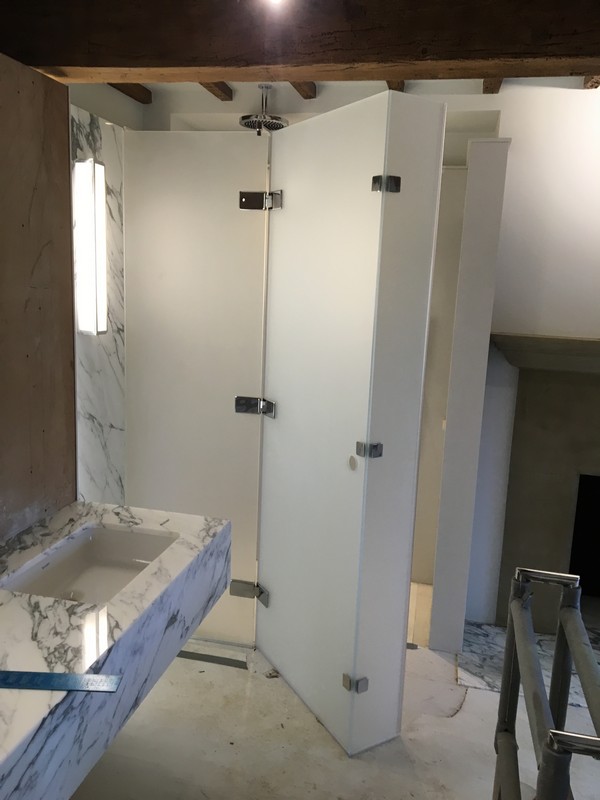 Bespoke frosted glass shower enclosure in Clapham luxury bathroom